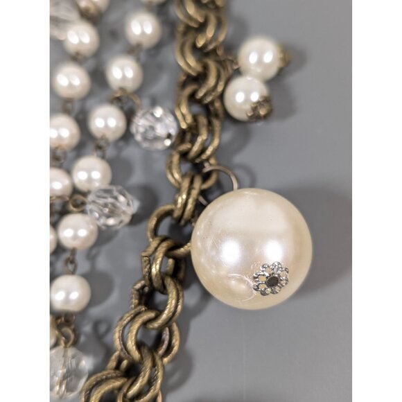 Dark Bronze Tone Faux Pearl Multi Chain Necklace Chunky Statement Bold 17.5" - Picture 5 of 9